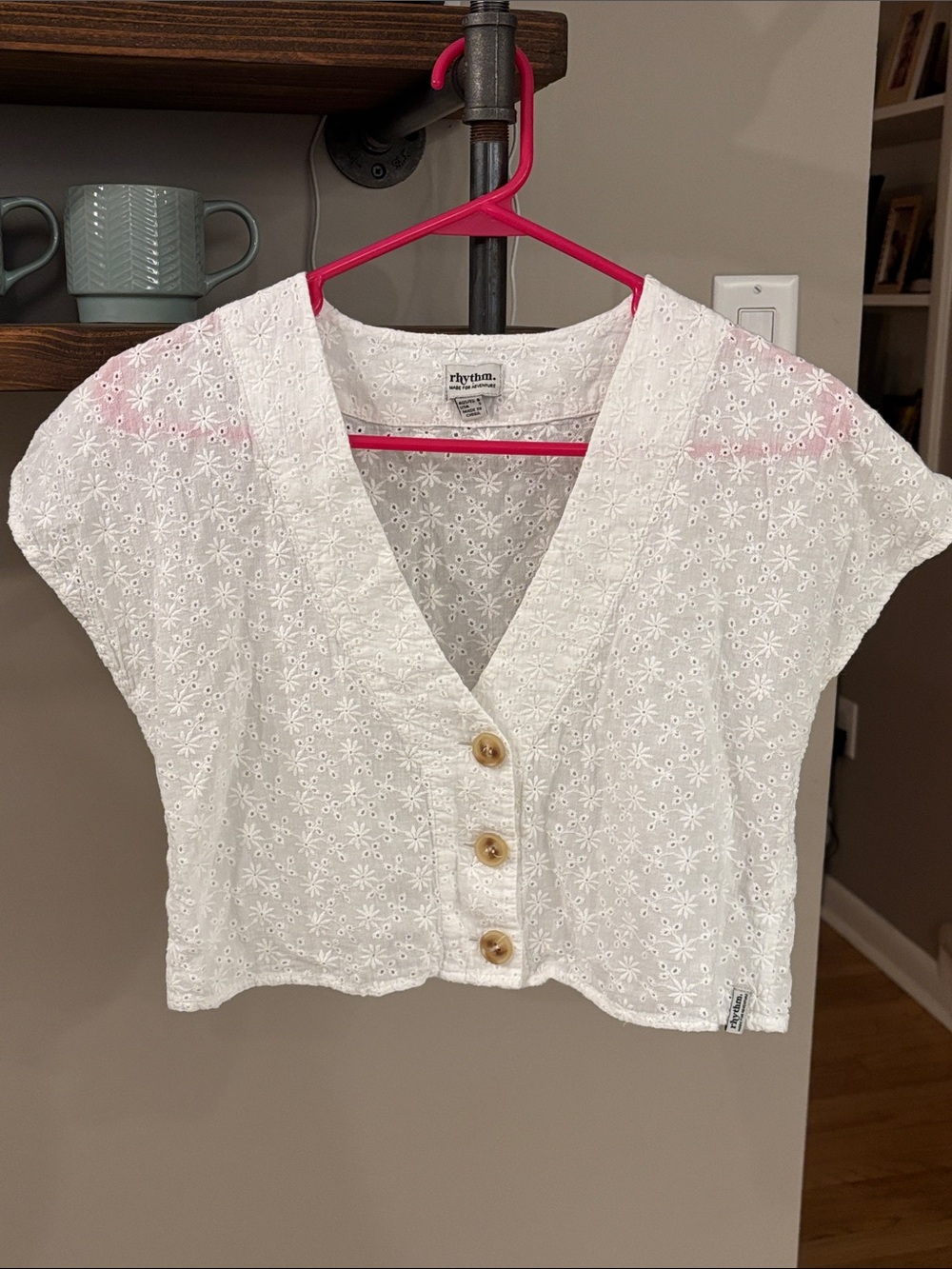 Rhythm. White Eyelet Embroidered 100% Cotton Crop Top Size Small Coastal Boho